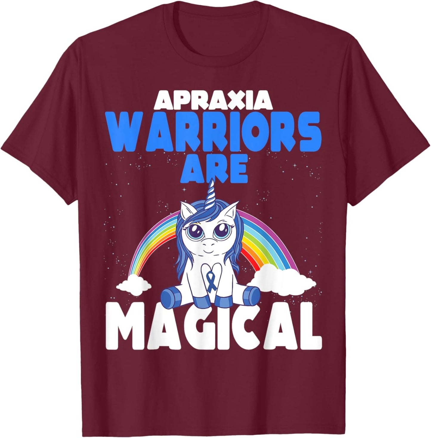 Apraxia Awareness Blue Ribbon Cute Magical Unicorn T-Shirt - T-Shirt | Maroon