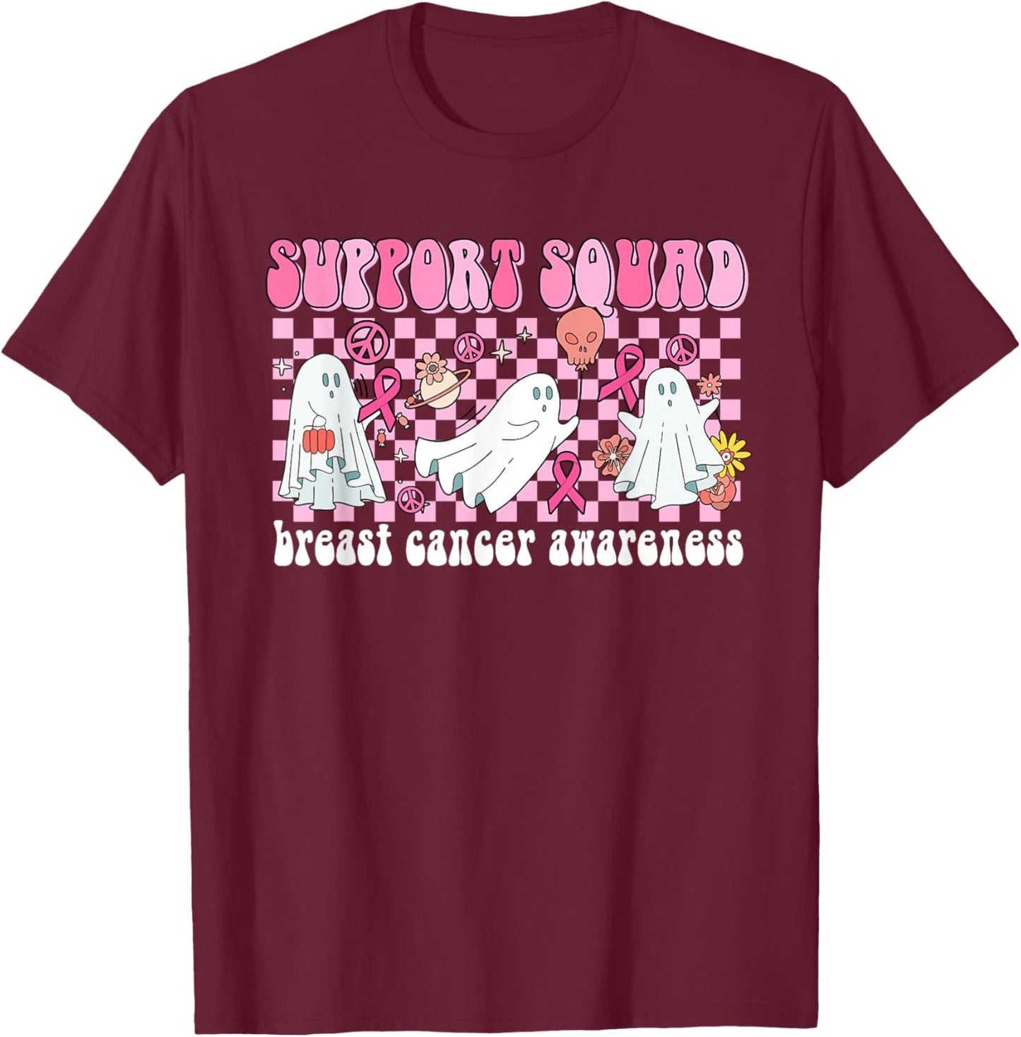 Groovy Halloween Cute Pink Ghost Breast Cancer Support Squad T-Shirt - T-Shirt | Maroon