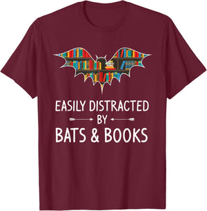 Easily Distracted By Bats & Books Lover Gift Flying animal T-Shirt - T-Shirt | Maroon