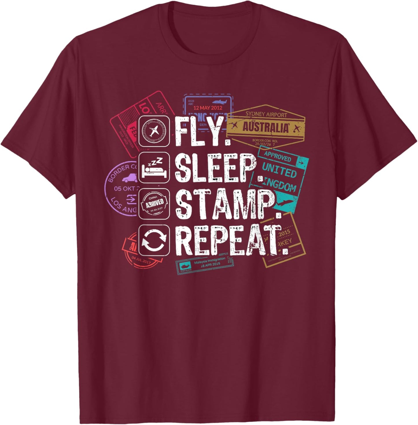 Passport Stamps Design for a Passport Stamp Collector T-Shirt - T-Shirt | Maroon