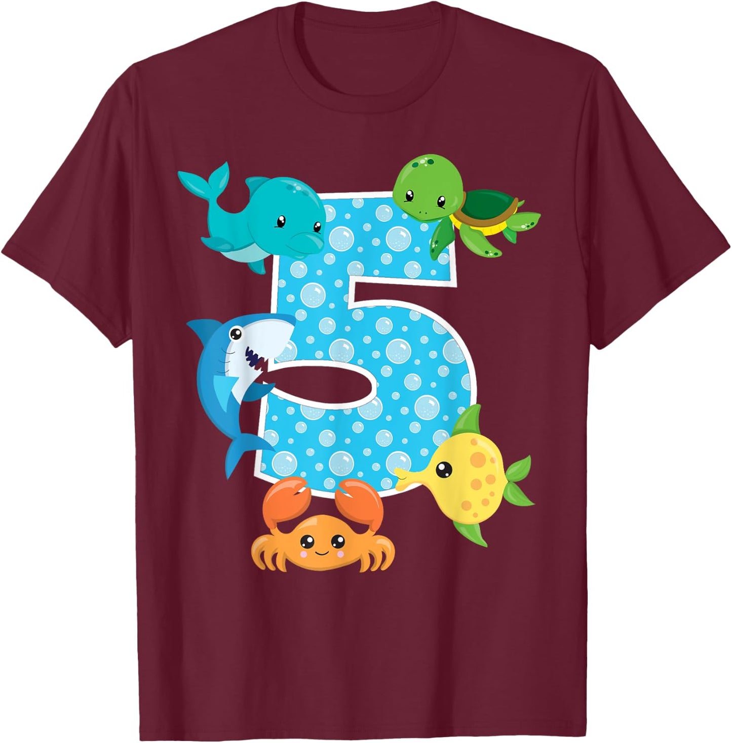 5th Birthday Party 5 Year Old Sea Fish Aquarium Birthday Boy T-Shirt - T-Shirt | Maroon