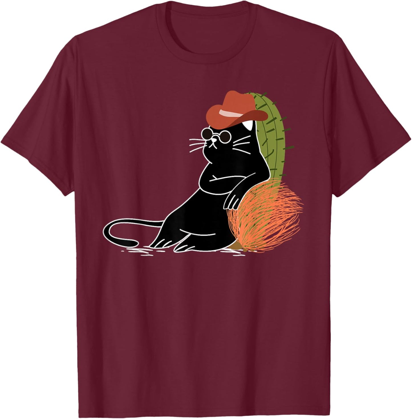 Relaxed Cowboy Cat Amidst Cactus and Wild West Tumbleweeds T-Shirt - T-Shirt | Maroon