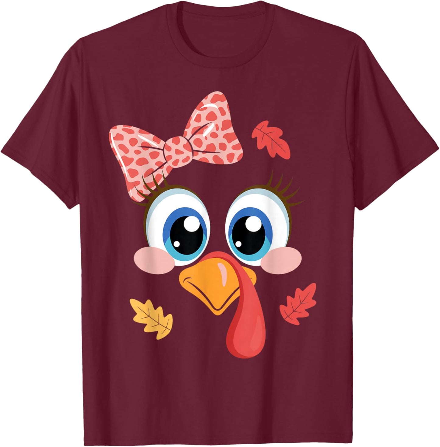 Turkey Face Leopard Bow Thanksgiving Costume Girl T-Shirt - T-Shirt | Maroon