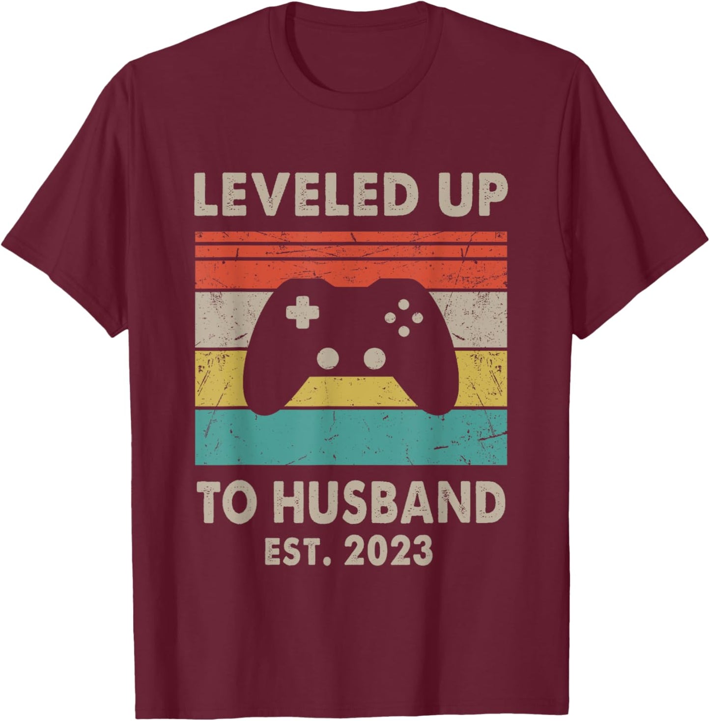 Promoted To Husband Est 2023 - Leveled Up To Husband Retro T-Shirt - T-Shirt | Maroon