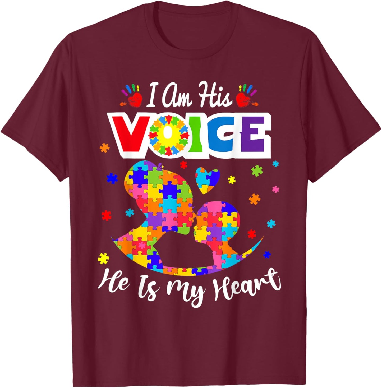 Autism Mom I'm His Voice He Is My Heart Autism Awareness T-Shirt - T-Shirt | Maroon