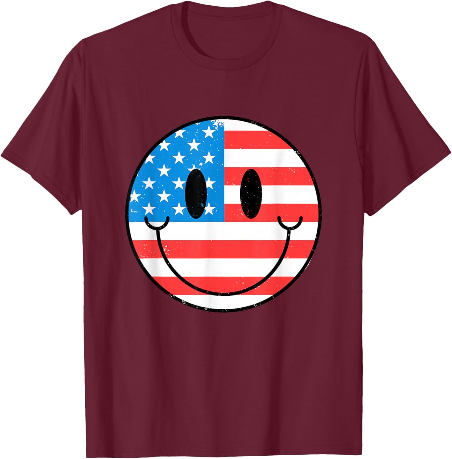 USA Happy Face Smile American Flag 4th Of July T-Shirt - T-Shirt | Maroon