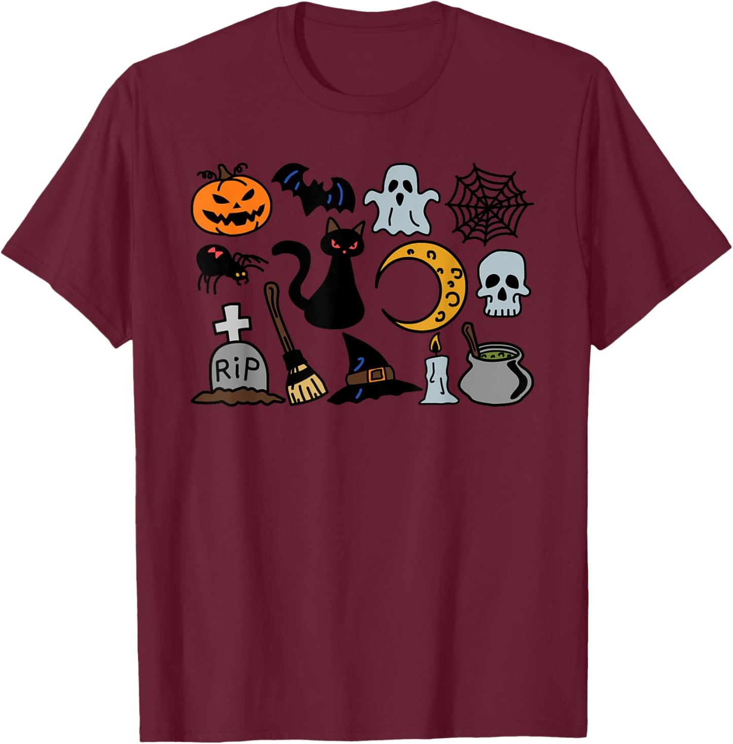 Halloween Jack O'Lantern, Bat, Cat Ghost Moon Spider T-Shirt - T-Shirt | Maroon
