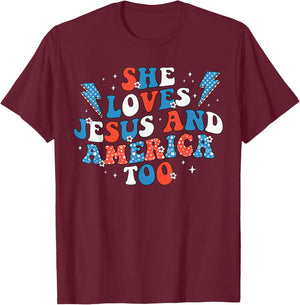 She Loves Jesus And America Too Flag Christian 4th Of July Men T-Shirt - T-Shirt | Maroon
