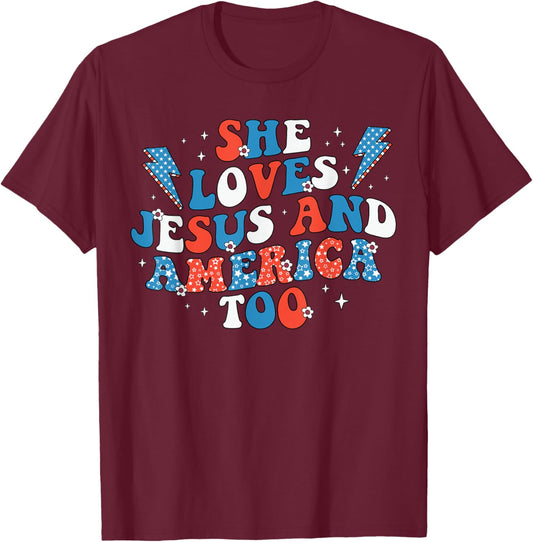 She Loves Jesus And America Too Flag Christian 4th Of July Men T-Shirt - T-Shirt | Maroon