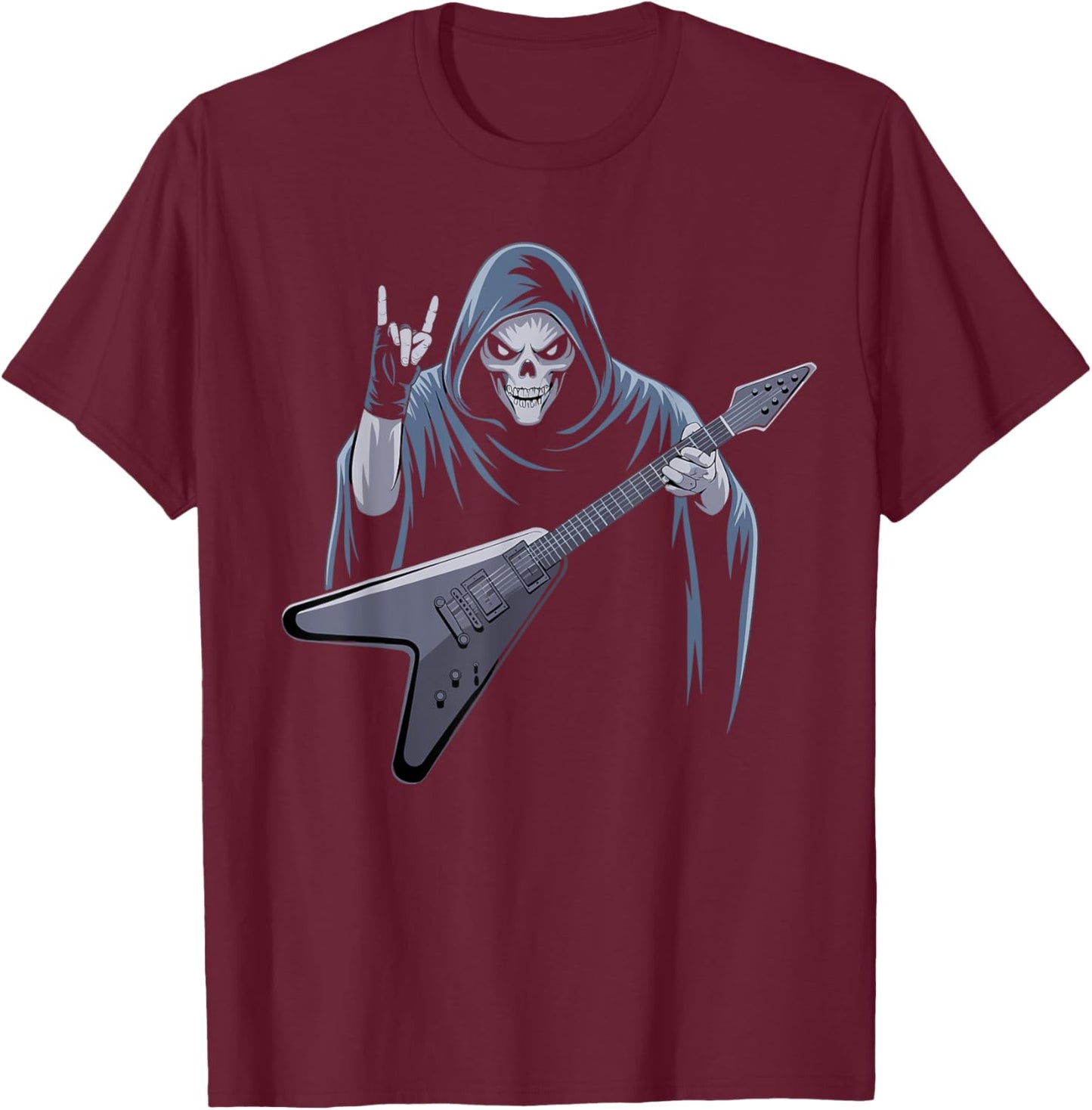 Skeleton Skull Guitar Rock On Heavy Metal Devil Horns Music T-Shirt - T-Shirt | Maroon