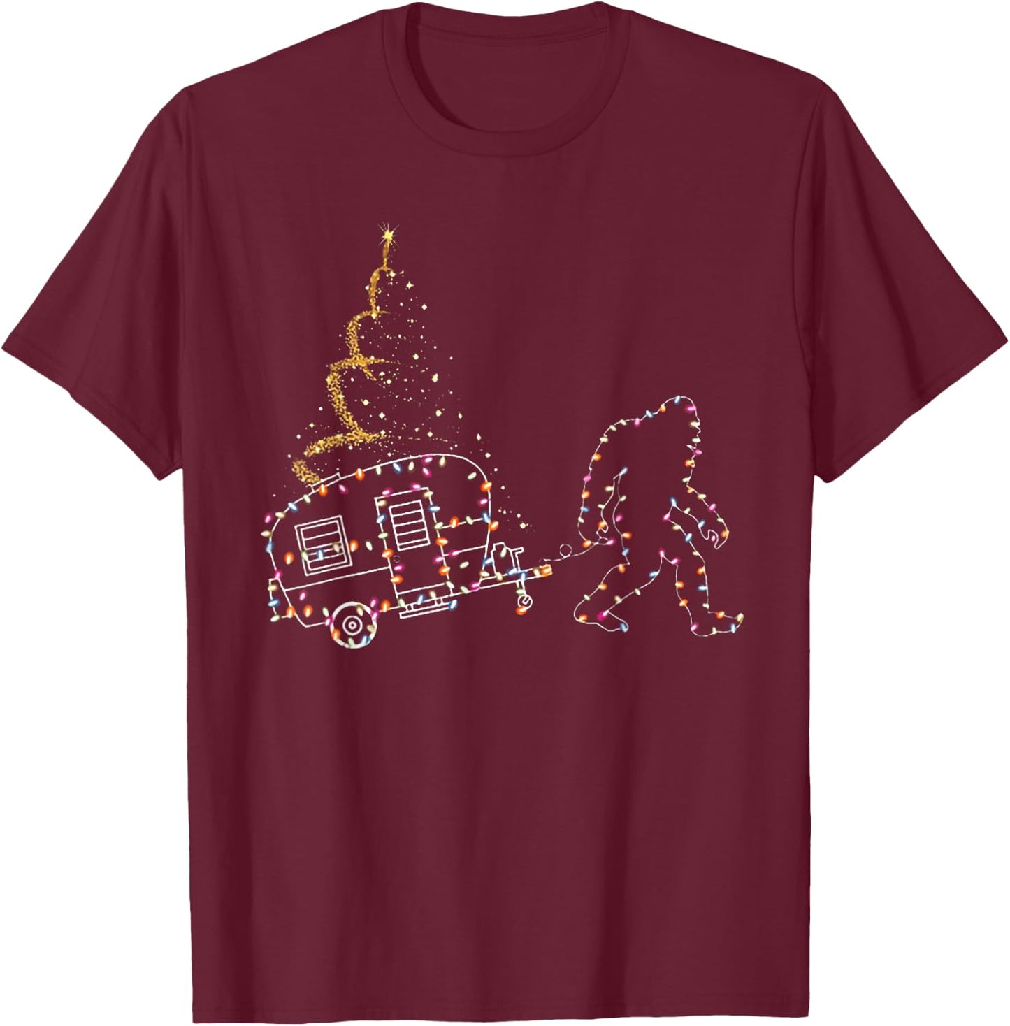Bigfoot With Camping Car Light Christmas T-Shirt - T-Shirt | Maroon