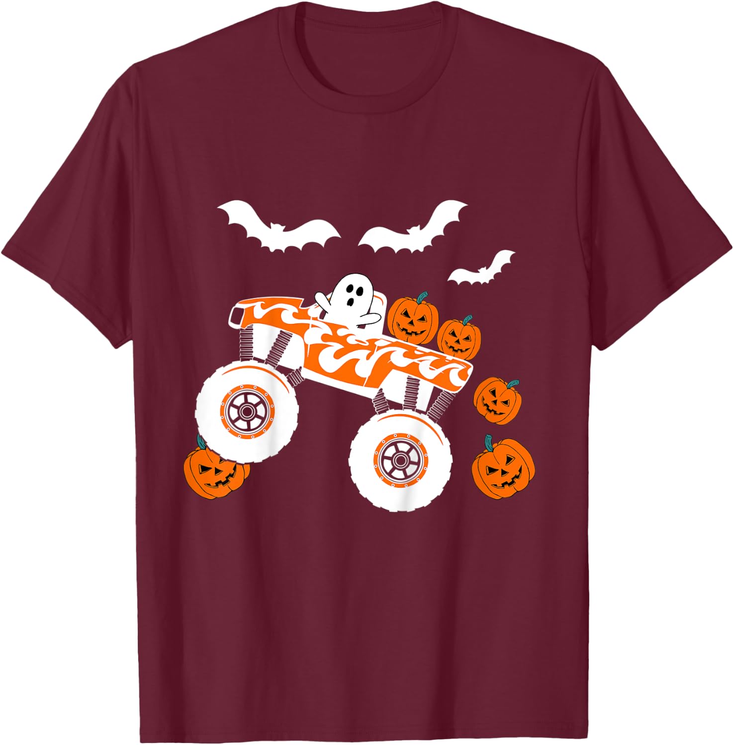Kids Halloween Monster Truck Ghost For Boy's Toddler Kids Costume T-Shirt - T-Shirt | Maroon