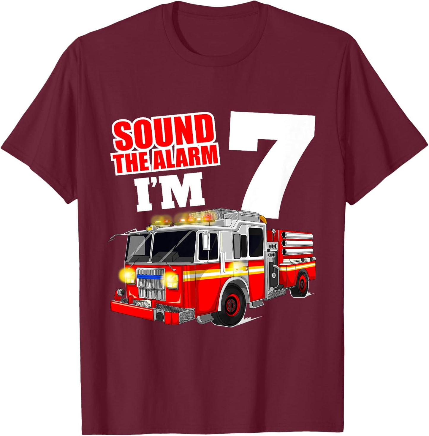 Kids Fire Truck 7th Birthday Boy Firefighter 7 Year Old T-Shirt - T-Shirt | Maroon