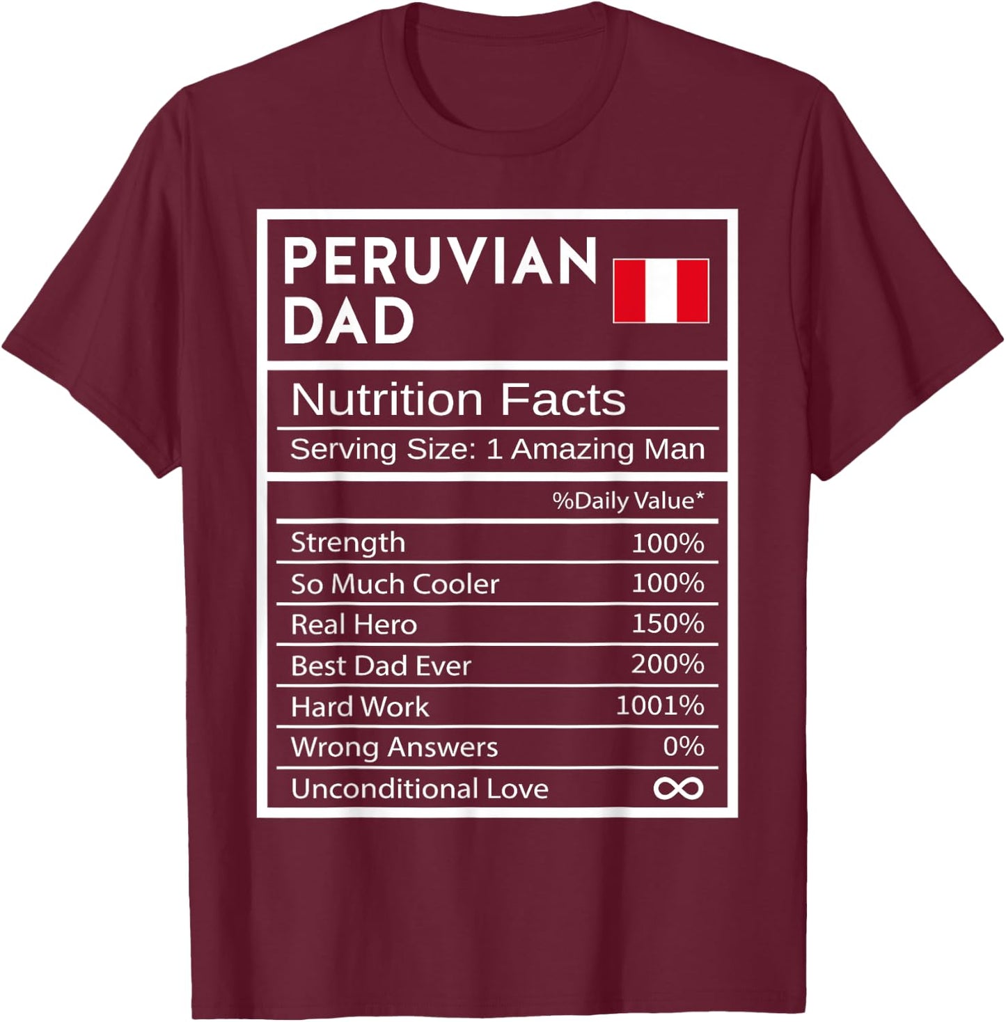 Peruvian Dad Nutrition Facts National Pride Gift Dad T-Shirt - T-Shirt | Maroon