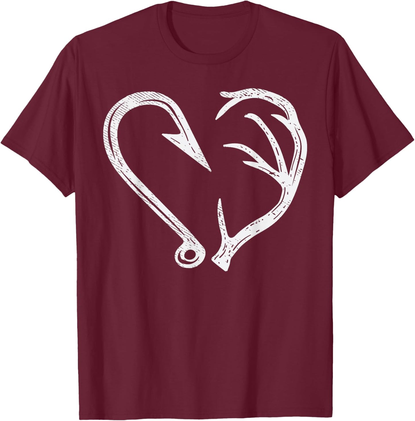 Hook Antler Heart Love Fishing Hunting Fish Deer Hunter Gift T-Shirt - T-Shirt | Maroon