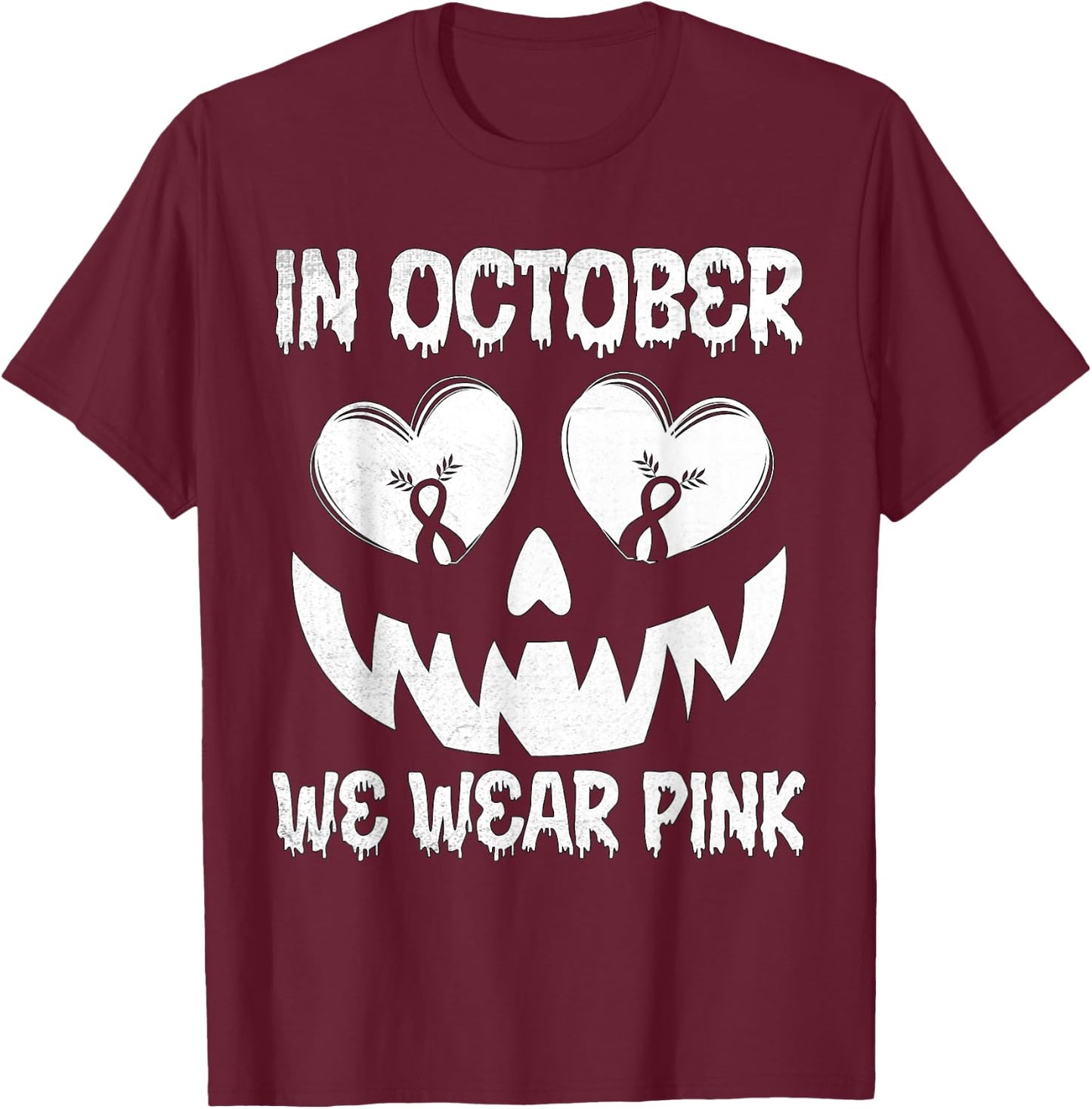 In October We Wear Pink Breast Cancer Halloween Jackolantern T-Shirt - T-Shirt | Maroon