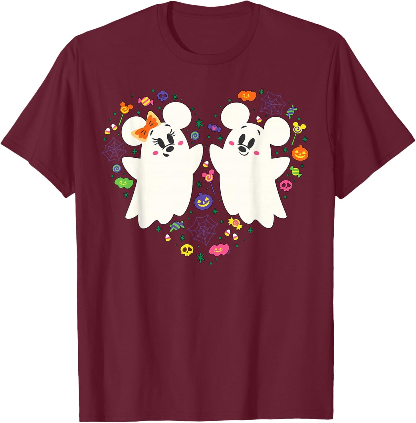 Disney Mickey and Minnie Cute Little Ghosts Halloween Heart T-Shirt - T-Shirt | Maroon