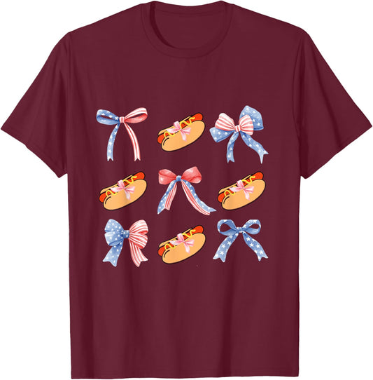 Pink Bows Cute Coquette hotdog y2k Girl Aesthetic USA bow T-Shirt - T-Shirt | Maroon