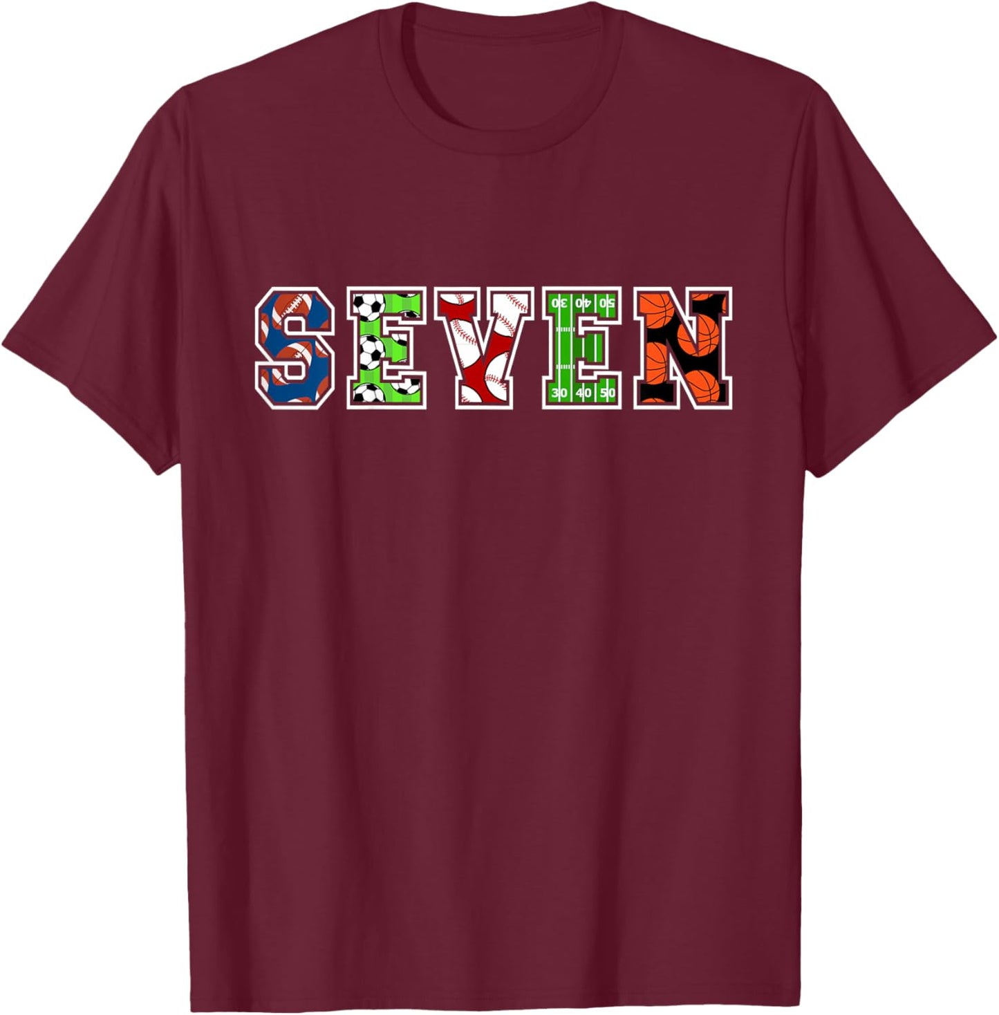 Kids 7th Birthday Sports Birthday Party 7 Year Old Boy T-Shirt - T-Shirt | Maroon