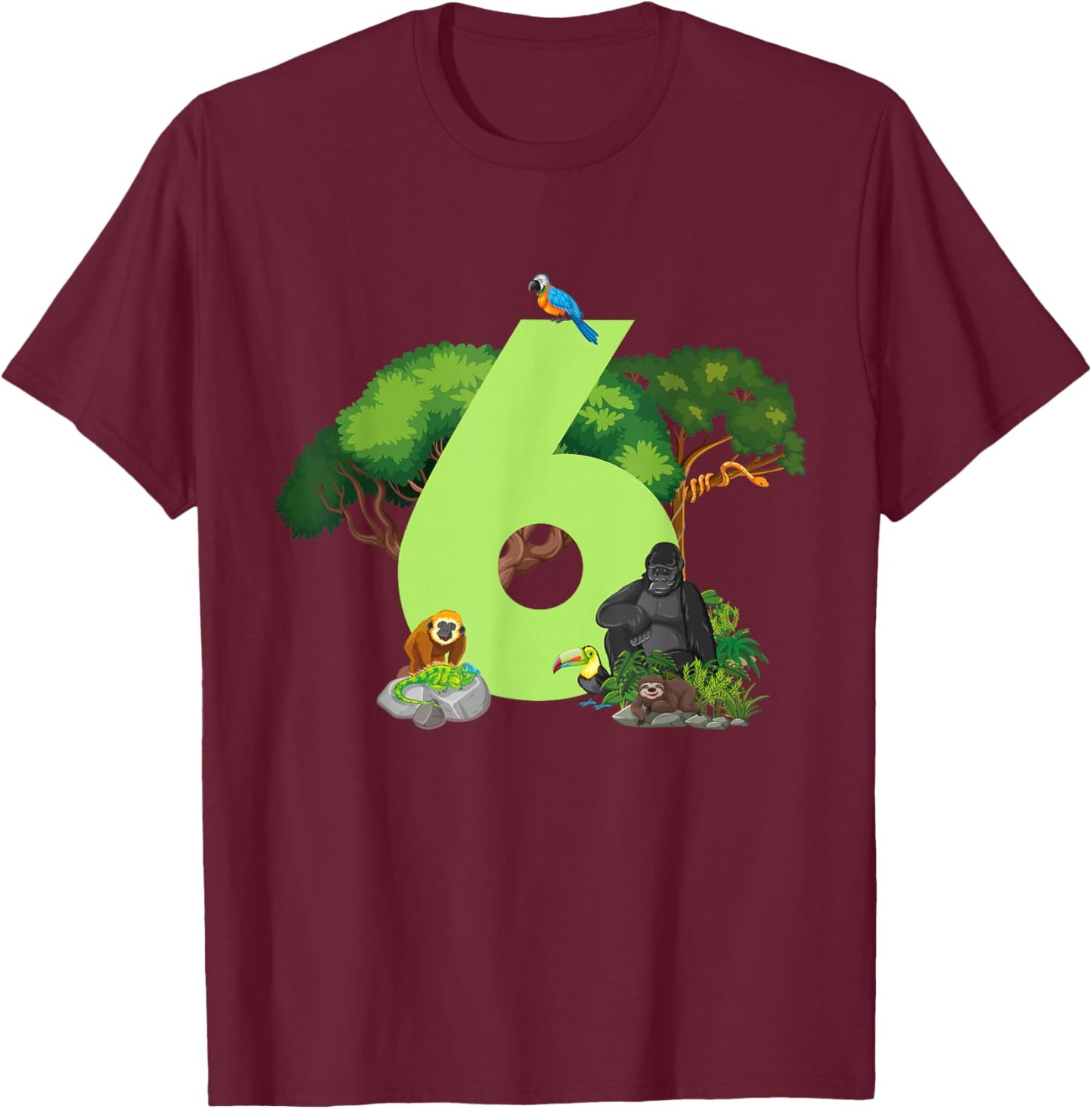 6th Birthday Jungle Animals Safari Rainforest 6 Year Old T-Shirt - T-Shirt | Maroon
