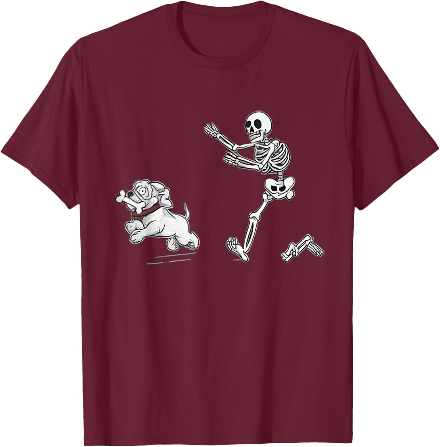Halloween Dog, Funny Skeleton, Skeleton Chasing Dog T-Shirt - T-Shirt | Maroon