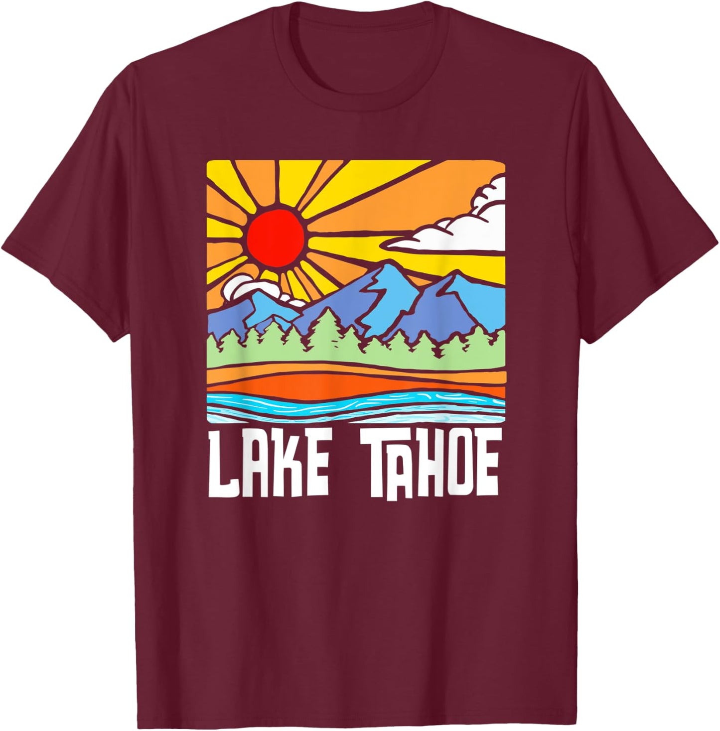 Lake Tahoe Artistic Nature & Mountains Vintage Graphic T-Shirt - T-Shirt | Maroon