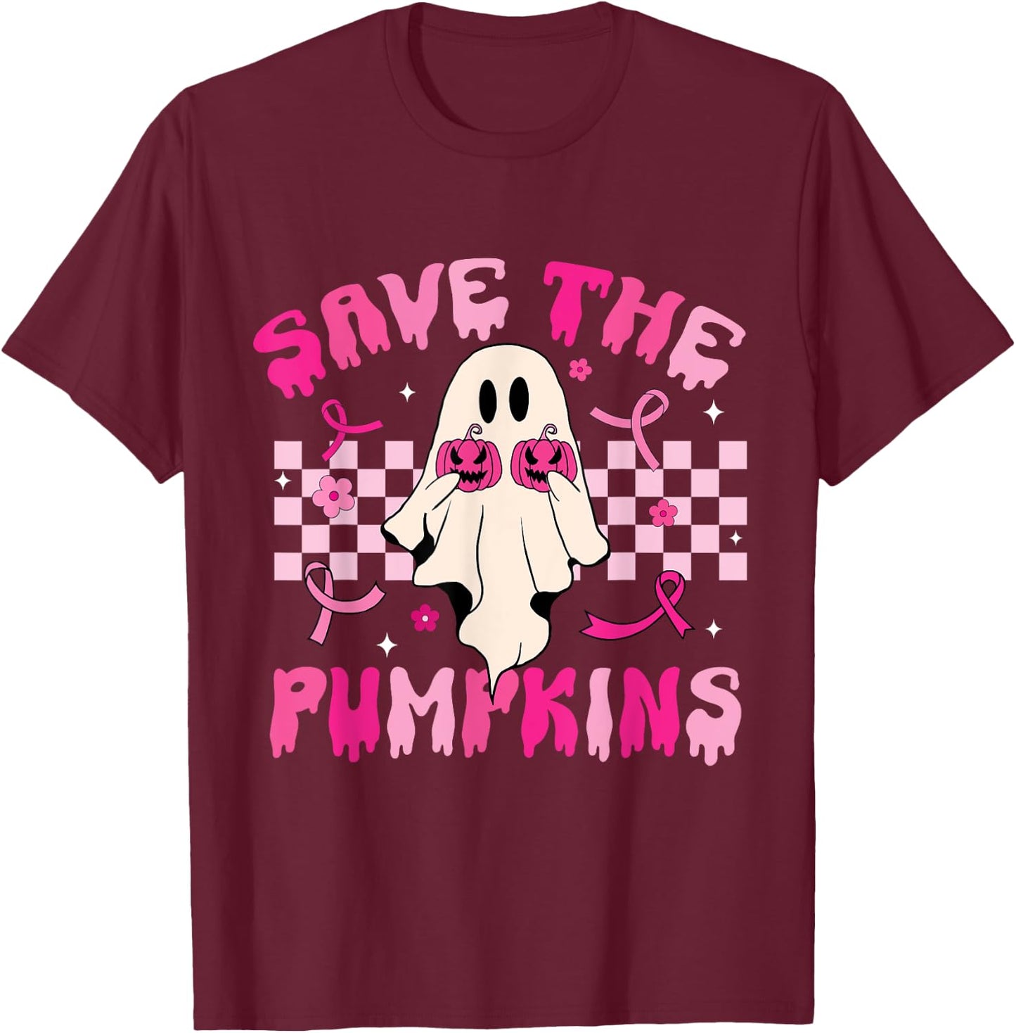 Rero Groovy Save The Pumpkins Ghost Breast Cancer Awareness T-Shirt - T-Shirt | Maroon