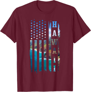 Hawaiian Flag Landscape Surfer T-Shirt - T-Shirt | Maroon