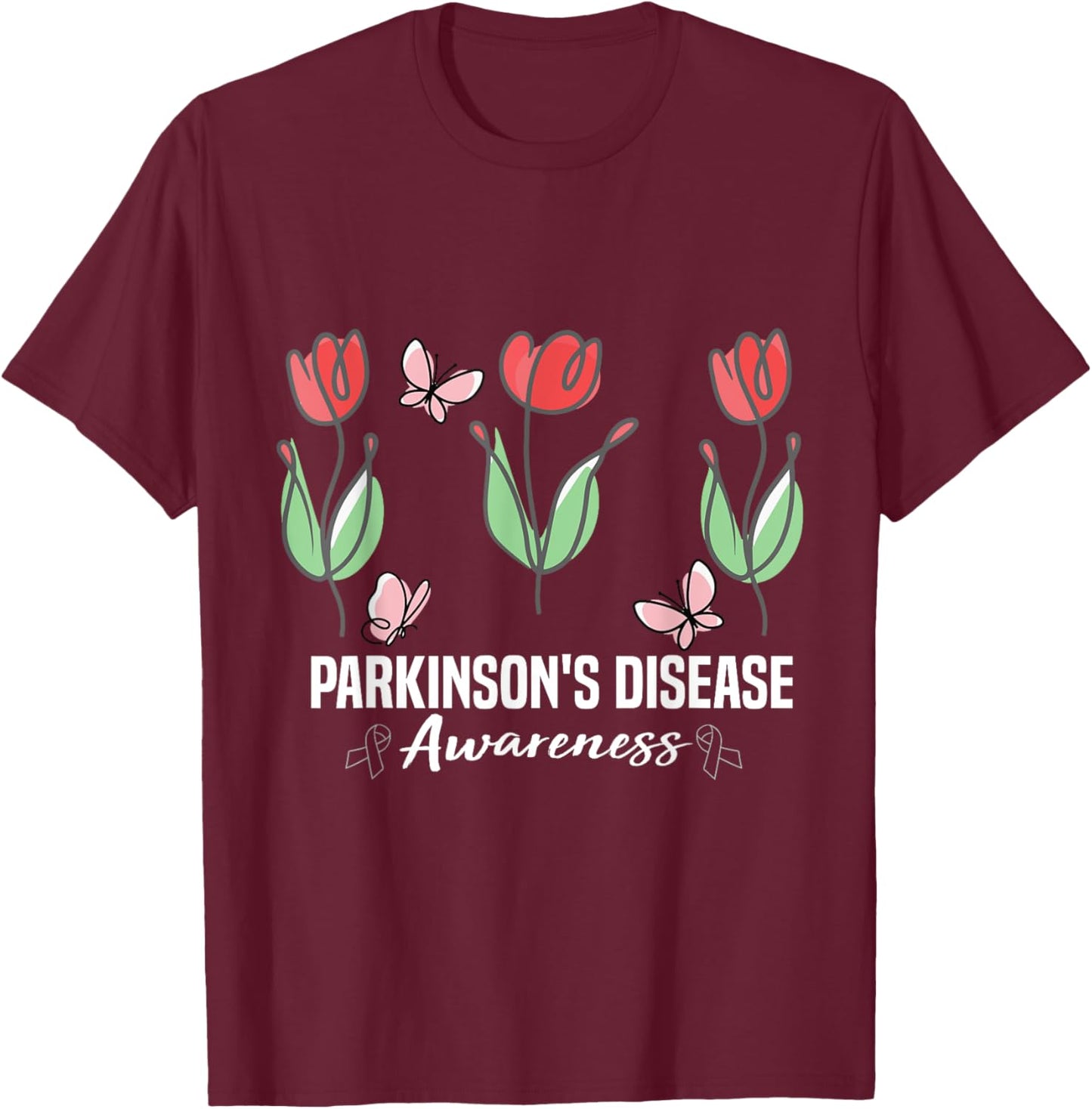 Parkinson's Disease Awareness Month Red Tulips Butterfly T-Shirt - T-Shirt | Maroon