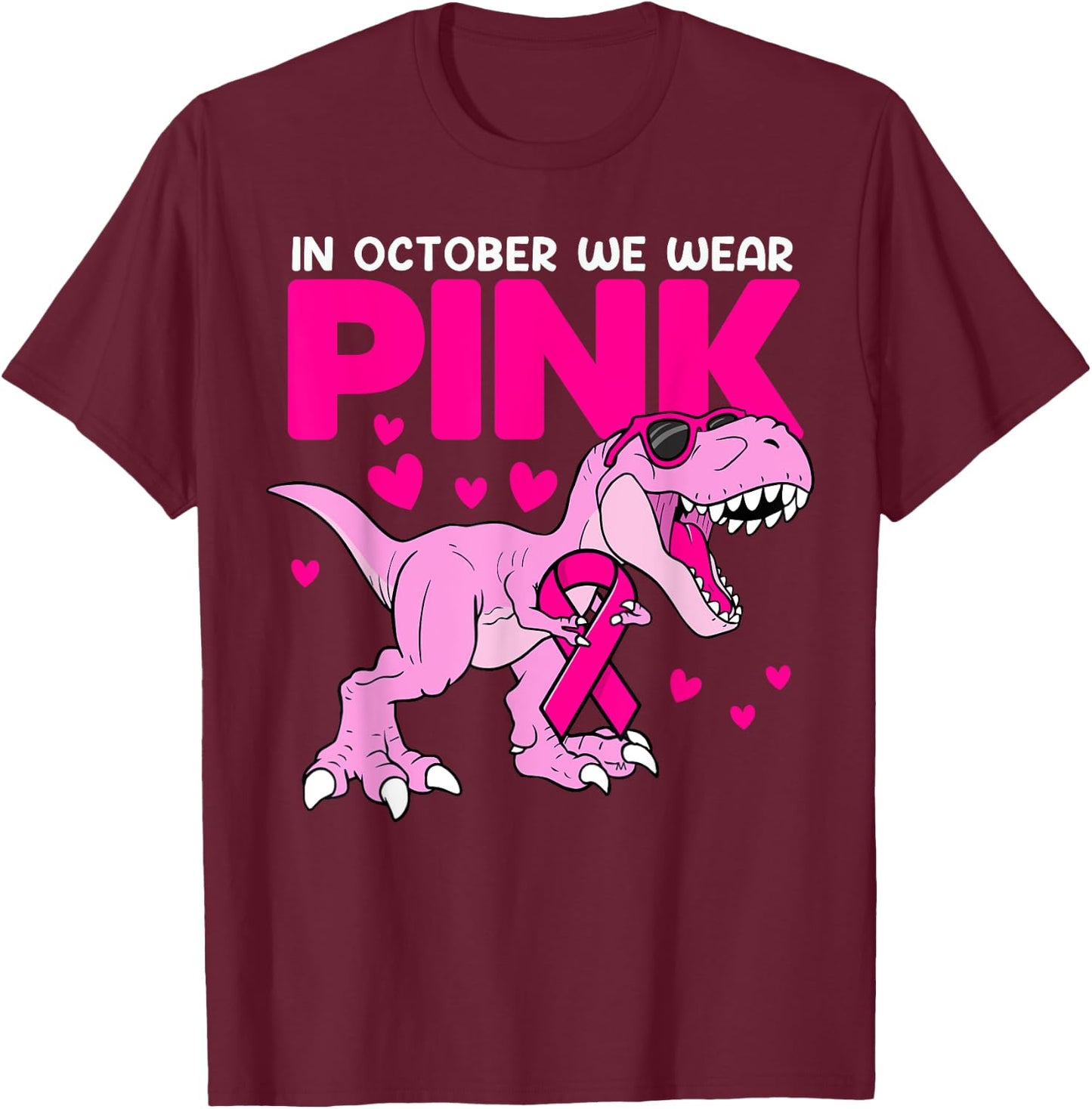 In October We Wear Pink Cute Dinosaur Breast Cancer Boys T-Shirt - T-Shirt | Maroon
