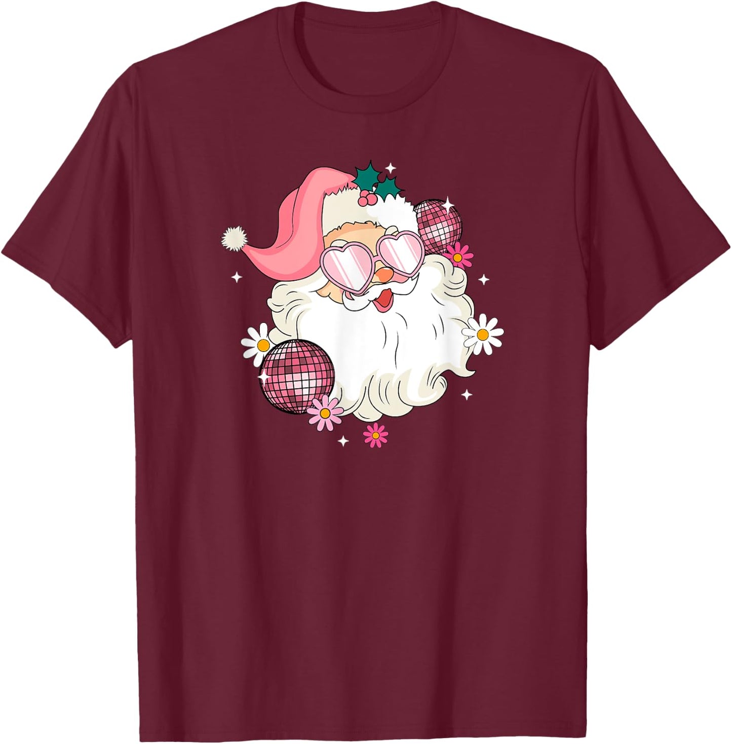 Pink Retro Disco Santa Christmas Bling T-Shirt - T-Shirt | Maroon