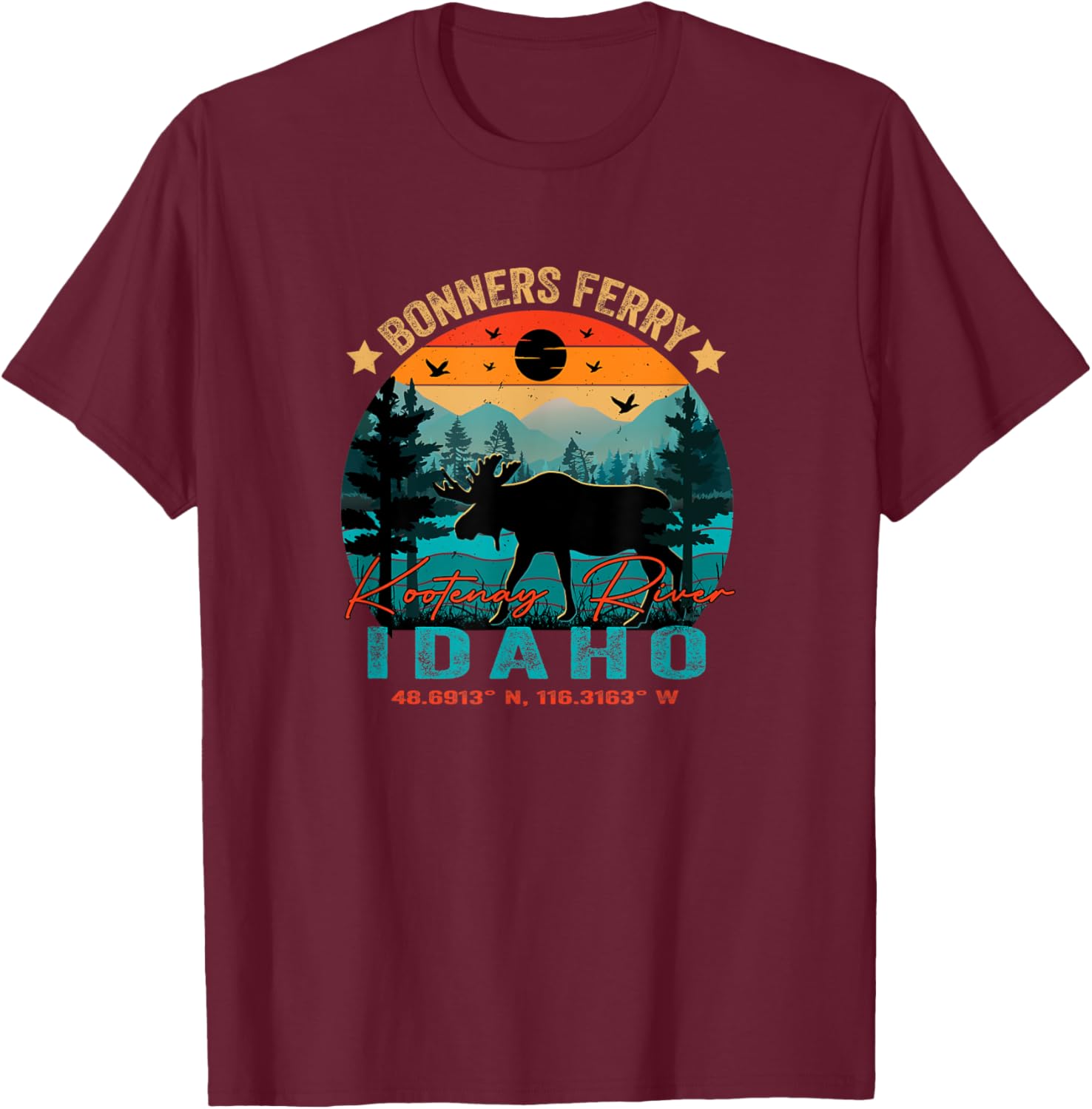 Bonners Ferry Idaho ID Retro Sunset Vintage Moose Mountains T-Shirt - T-Shirt | Maroon