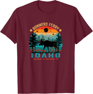 Bonners Ferry Idaho ID Retro Sunset Vintage Moose Mountains T-Shirt - T-Shirt | Maroon