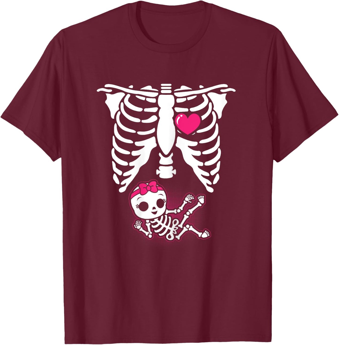 Halloween Skeleton Pregnancy Baby Girl X-Ray Funny Pregnant T-Shirt - T-Shirt | Maroon