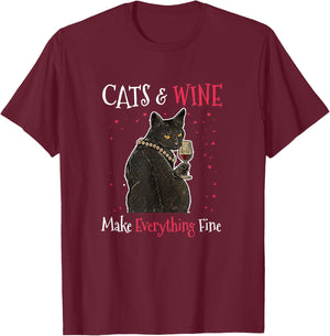 Sarcastic Cats and Wine Make Everything Fine Drinking Lovers T-Shirt - T-Shirt | Maroon