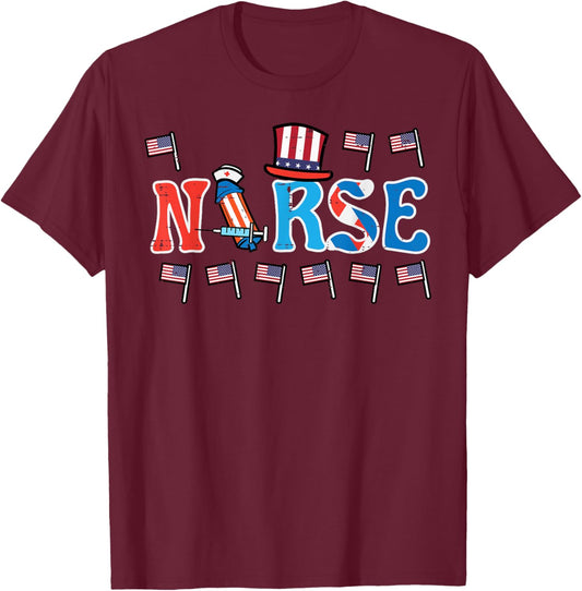 4th Of July Nurse US Flags Patriotic Scrub Top Women Men T-Shirt - T-Shirt | Maroon