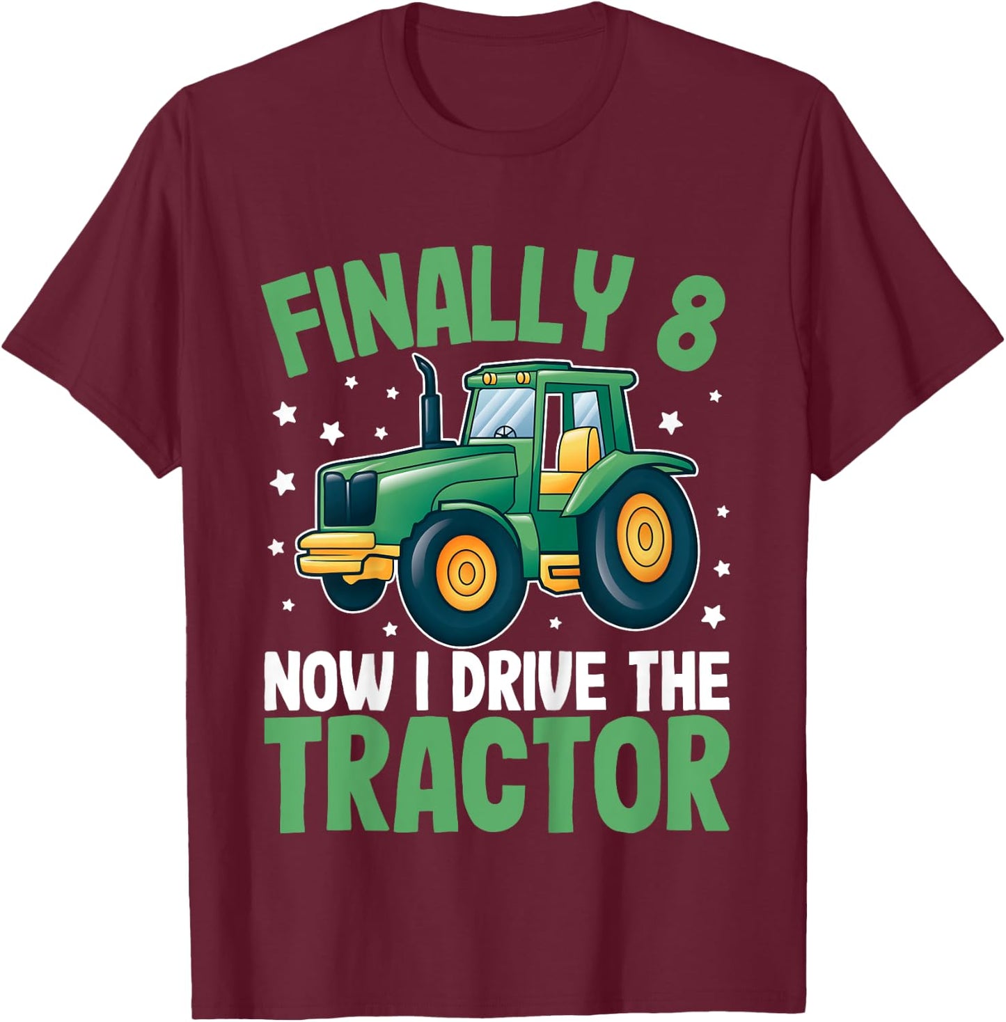 Kids Finally 8 Years | 8th Birthday | Farmer Toddler Boys Tractor T-Shirt - T-Shirt | Maroon