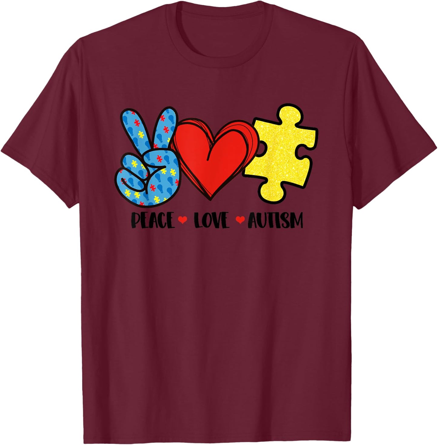 Peace Love Autism Puzzle Ribbon Gift Autism Awareness Day T-Shirt - T-Shirt | Maroon