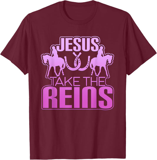 Jesus Take The Reins Cool Race Horse T-Shirt - T-Shirt | Maroon