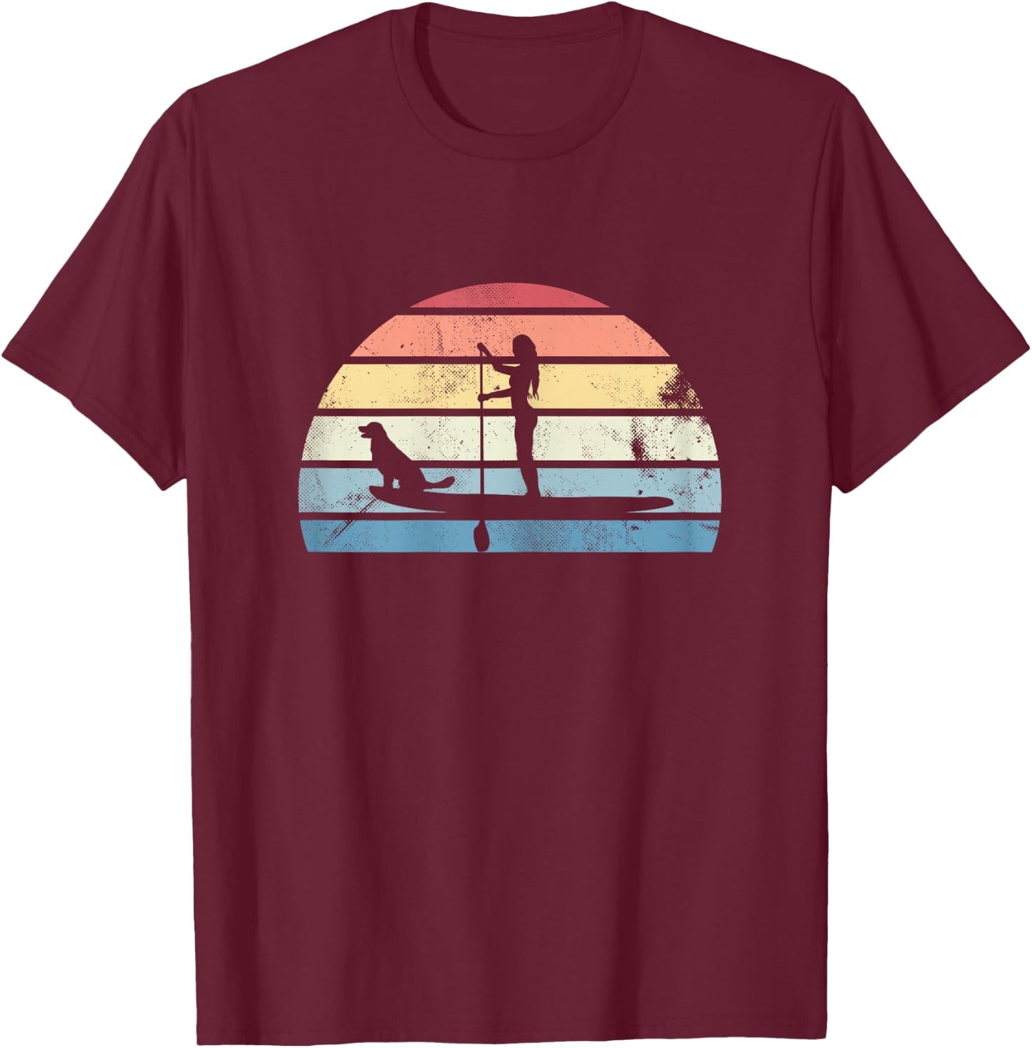 Retro Paddleboarding Girl with Dog Sunset Gift T-Shirt - T-Shirt | Maroon