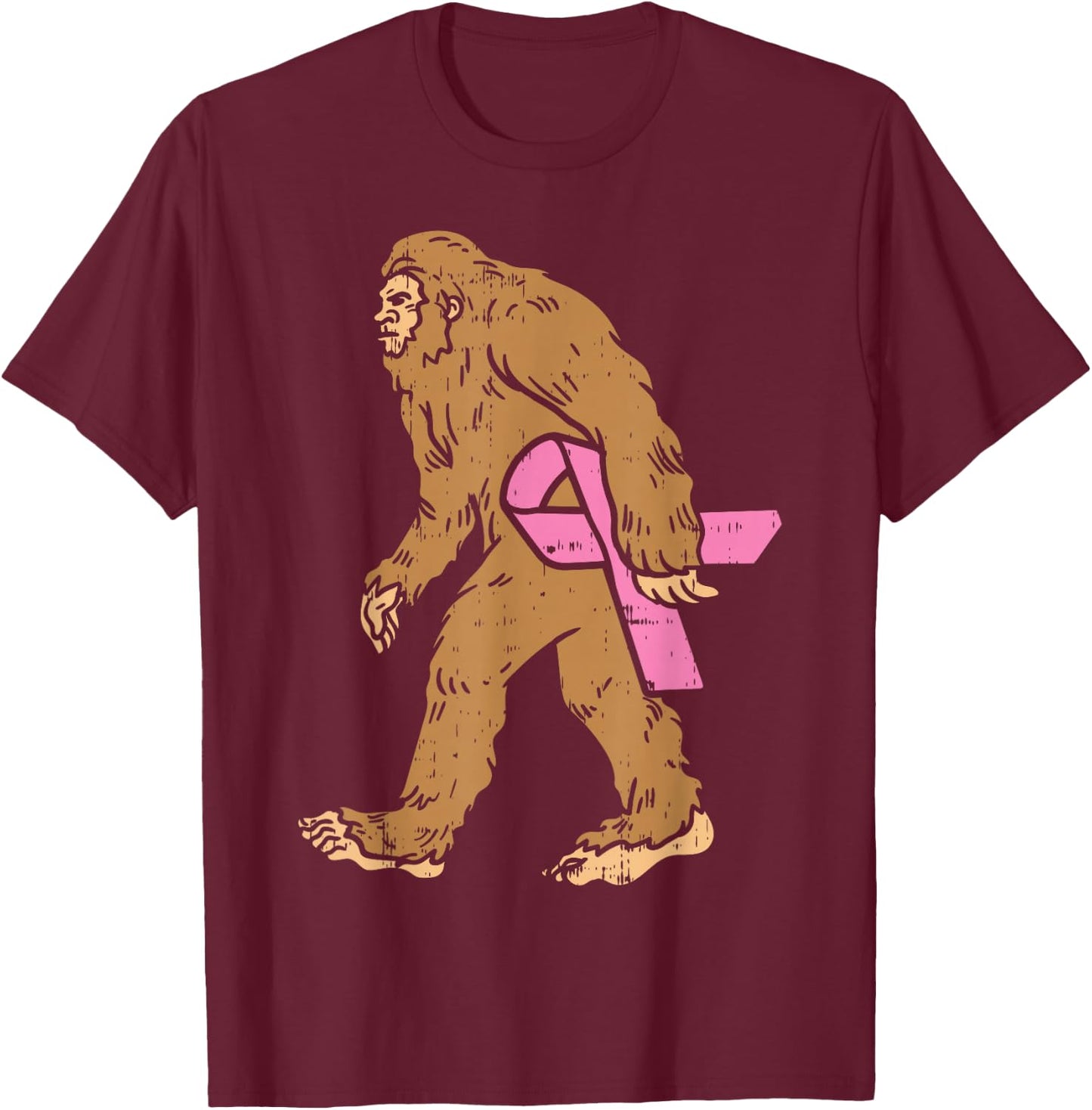 Bigfoot Sasquatch Funny Pink Ribbon Breast Cancer Awareness T-Shirt - T-Shirt | Maroon