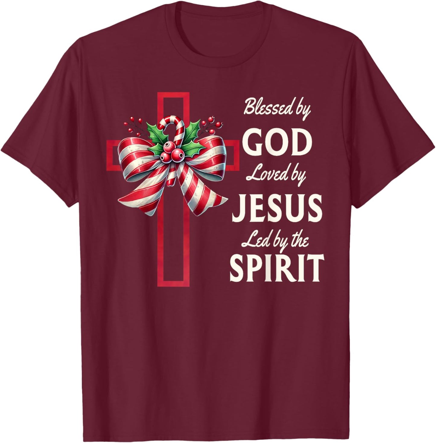 Blessed By God Loved By Jesus Beautiful Candy Cane Cross T-Shirt - T-Shirt | Maroon