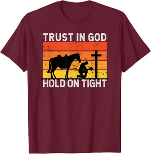 Christian Cowboy Gifts Apparel -Adults Black Cotton Blend Short Sleeve Small Trust In God Hold Tight Cowboy Kneeling At Cross Jesus Christian Cowboy T-Shirt - T-Shirt | Maroon