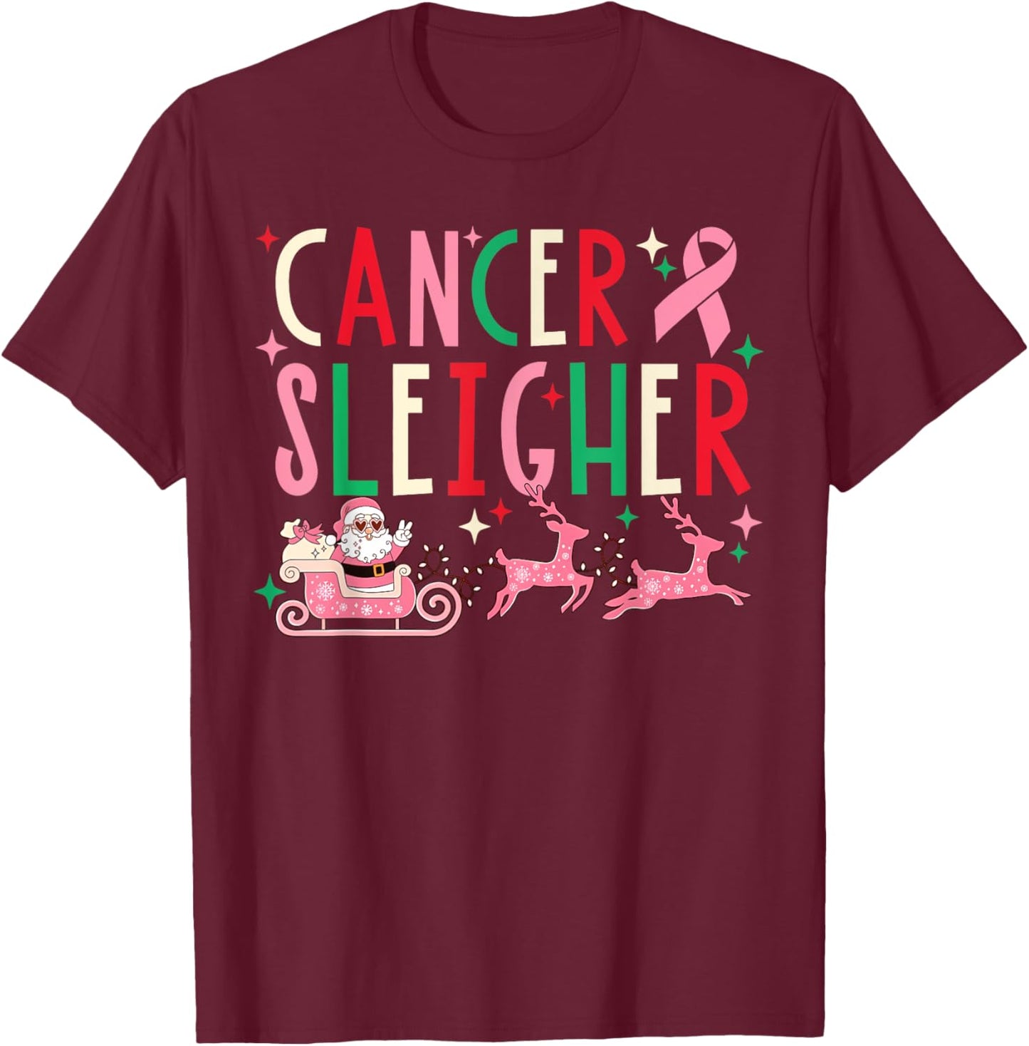 Breast Cancer Christmas Pink Ribbon Santa Sleigh Reindeer T-Shirt - T-Shirt | Maroon