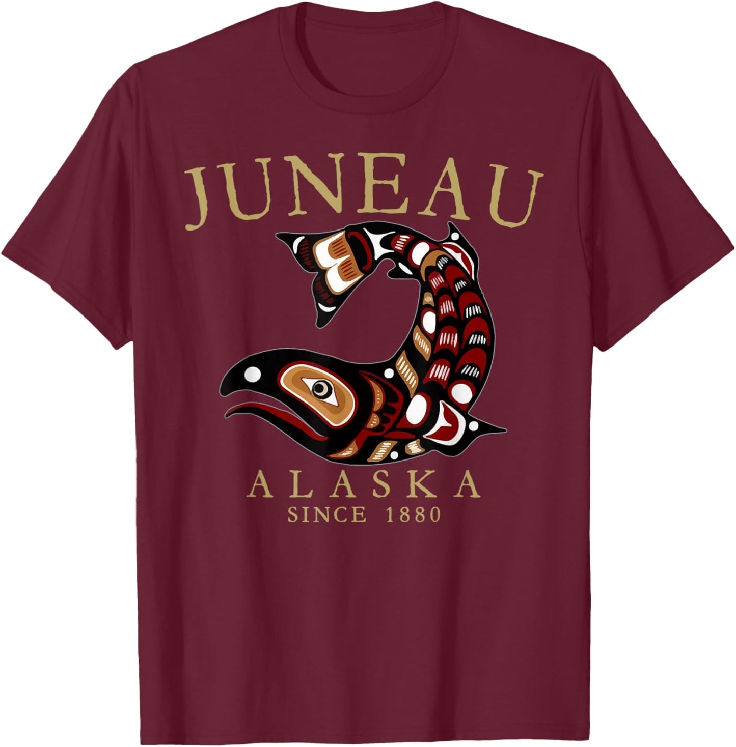 Juneau Alaska Tribal Art Salmon Since 1880 Tan Letters T-Shirt - T-Shirt | Maroon