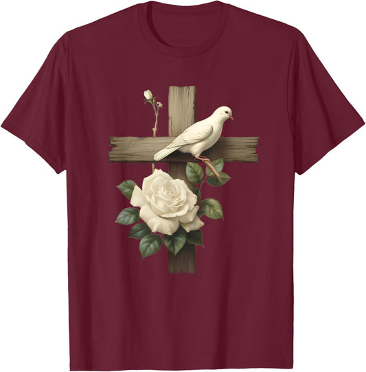 Aesthetic Christian Cross With Roses And Dove Of Peace T-Shirt - T-Shirt | Maroon
