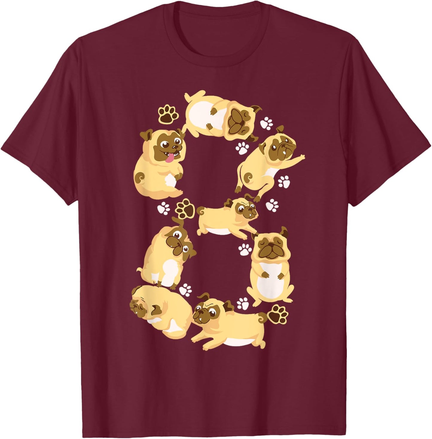 Cute Dog 8th Birthday Gift | Cool 8 Years Old Pug Boys Girls T-Shirt - T-Shirt | Maroon