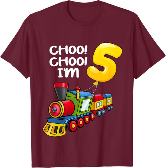 Kids Choo Choo I'm 5 Years Old Locomotive Boys Train 5th Birthday T-Shirt - T-Shirt | Maroon