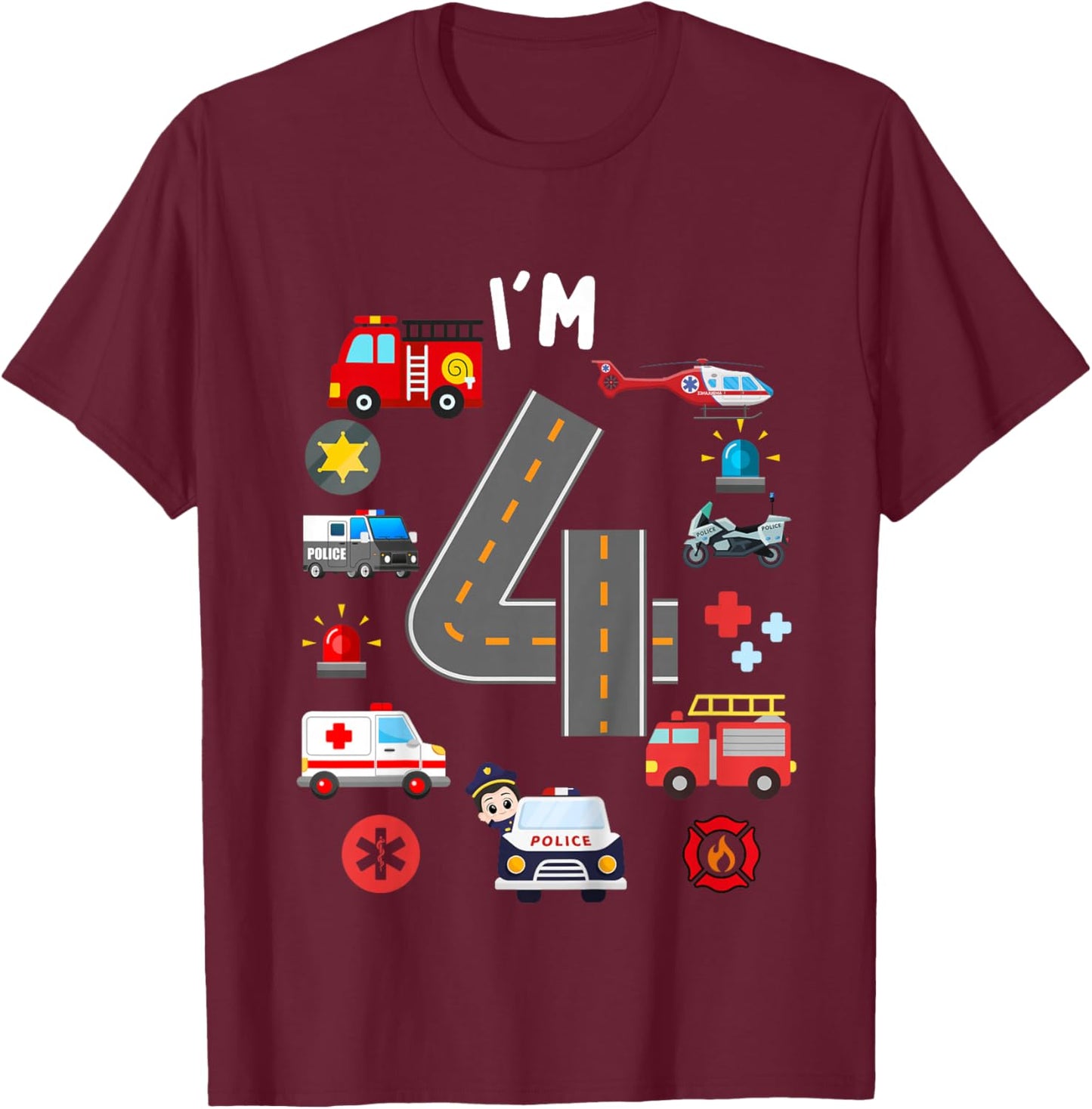 Kids 4th Birthday Emergency Vehicles Boys 4Years Old Toddler Kids T-Shirt - T-Shirt | Maroon