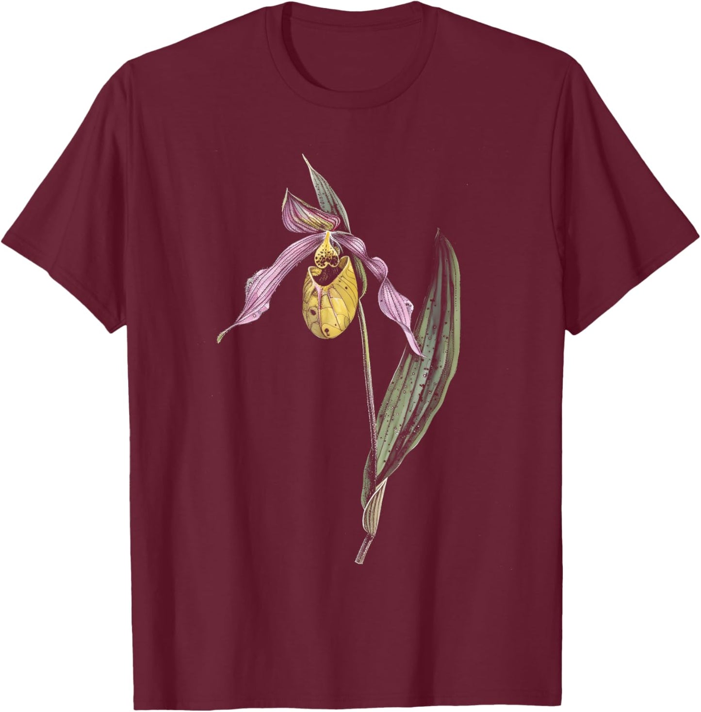 Botanical Lady's Slipper Orchid Flower Girl Floral Plant Mom T-Shirt - T-Shirt | Maroon